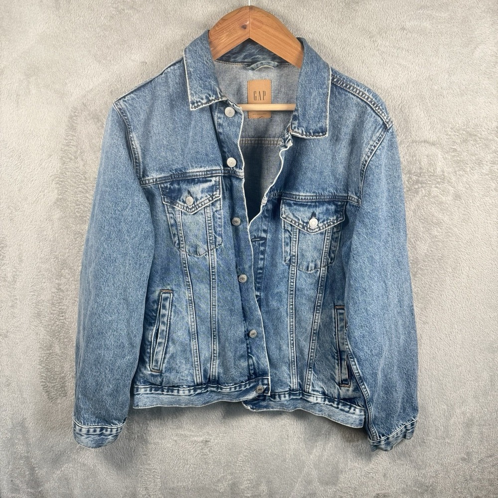 GAP Denim Jacket Womens L Medium Wash Blue Trucker Jean 100% Cotton Pockets